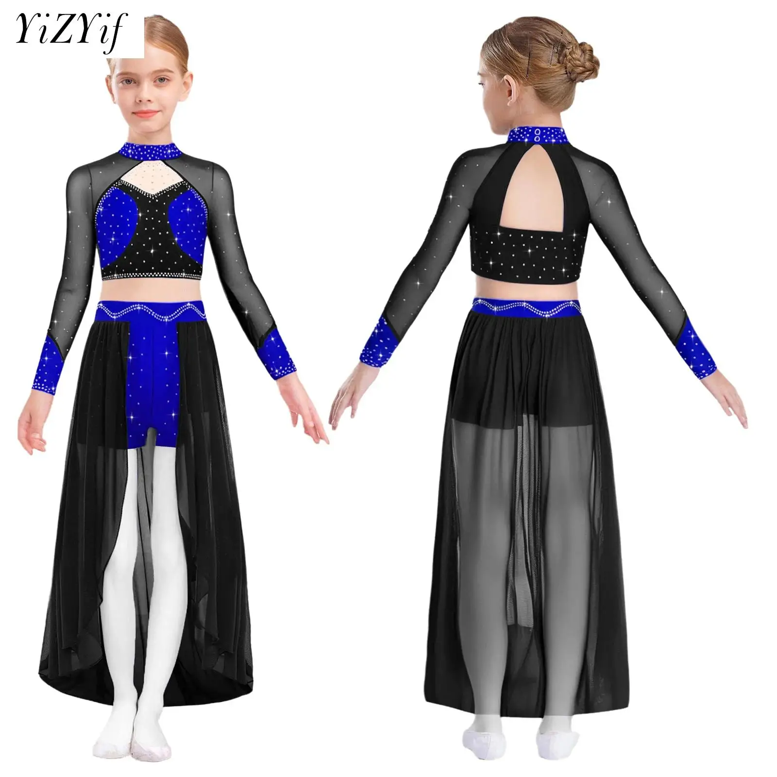

Girls Modern Lyrical Dance Figure Skating Outfits Rhinestones Sheer Mesh Waltz Ballet Gymnastics Crop Tops with Skirted Shorts