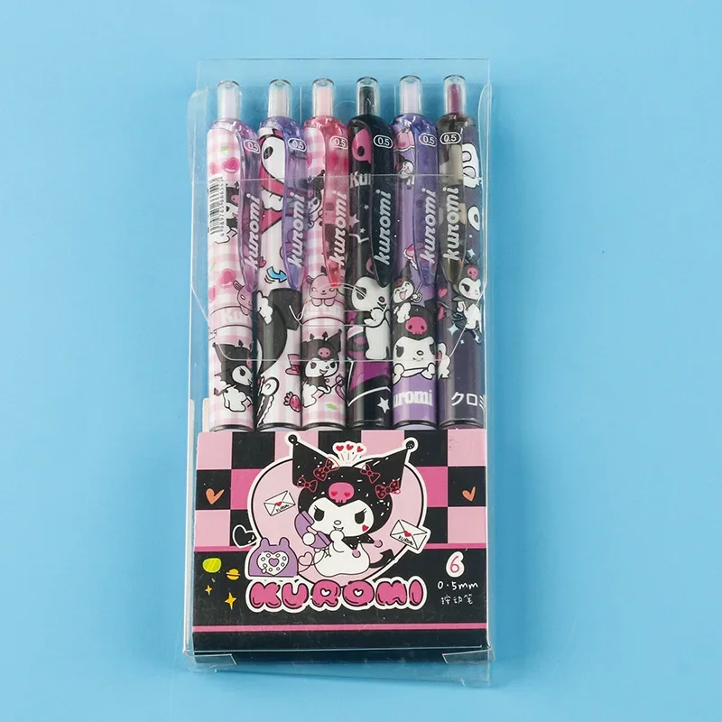 6Pcs Hello Kitty Sanrio Gel Pen Kuromi Cartoon Quick Drying Pressing Signature Pen 0.5mm Black Ballpoint Pen Stationery Prize