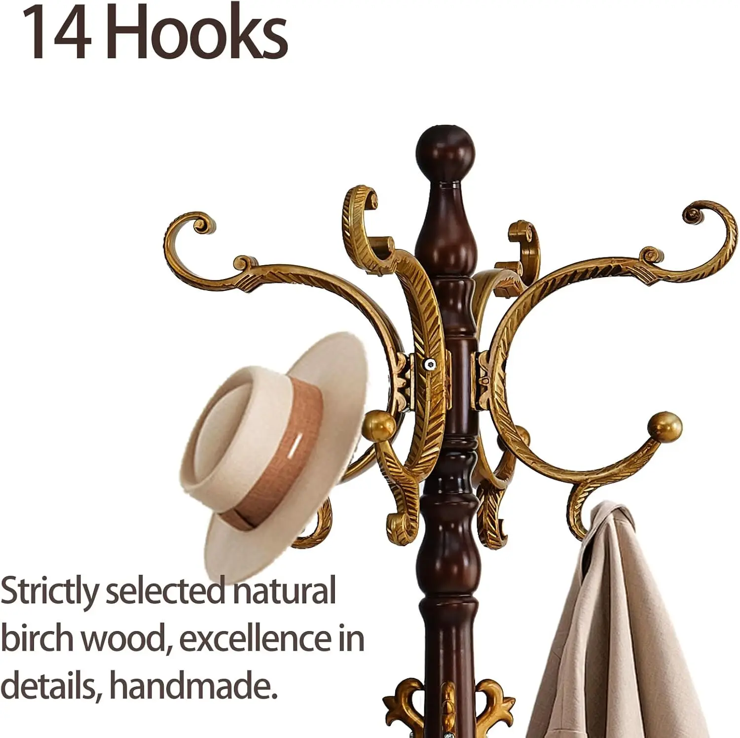 Coat Rack Freestanding, Wooden Tree with Stable Round Base, Heavy Duty Rack Stand with 14 Hooks, Coat Hanger Stand for