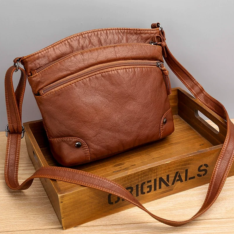 Klassische Vintage-Umhängetasche aus weichem Leder für Damen, lässige Schultertasche mit doppeltem Reißverschluss und Retro-Handtasche mit großem Fassungsvermögen