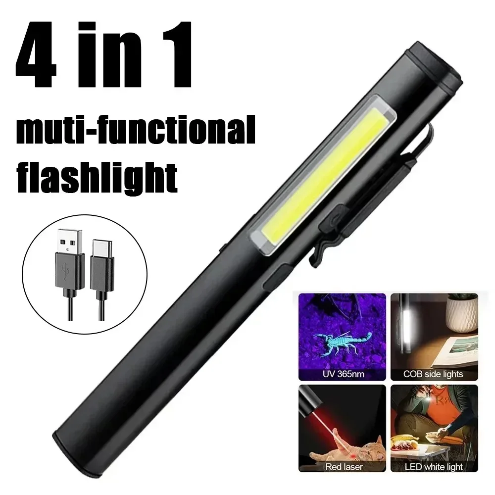 4 In 1Multifunctional Portable Flashlight UV/LED/COB Pen Lamp with Indicator Hand Held Work Light USB Rechargeable Waterproof