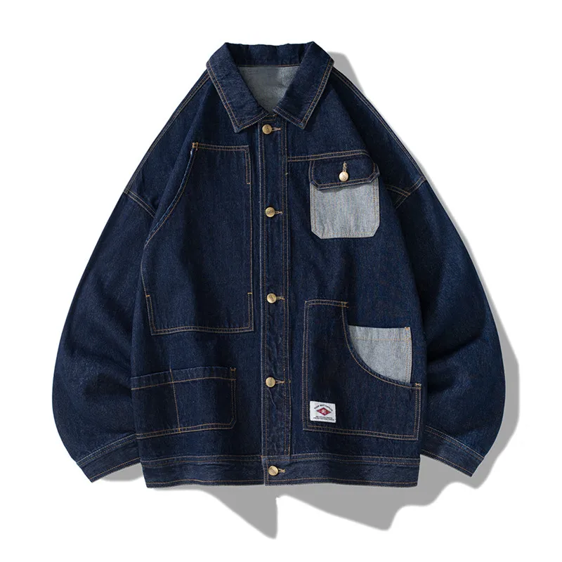 Man Clothing Japanese Blue Denim Jacket Retro Loose Outwear Men Jeans Jacket Coats Casual Windbreaker Pockets Cargo Streetwear