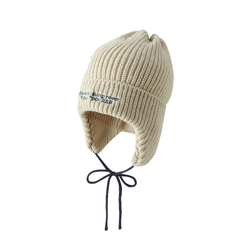 

Korean Cute Ear Protect Wool Beanie Hat Women Autumn Winter Warm Pullover Knitted Hat Striped Wool Bommer Hat Male