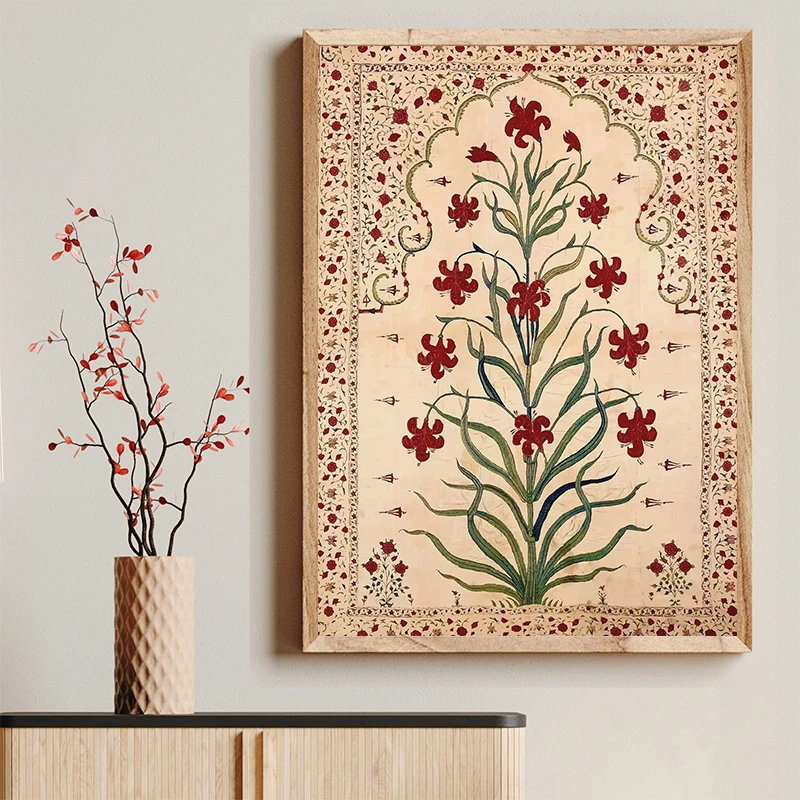Vintage Indian Folk Poster Mughal Floral Palace Motifs Canvas Painting Boho Gallery Wall Art for Living Room Home Decor Mural