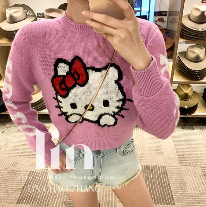 Sanrio primavera autunno maglione Kawaii Hello Kitty Cartoon Print Lolita Girl Pullover Harajuku maglione lavorato a maglia da donna a maniche lunghe