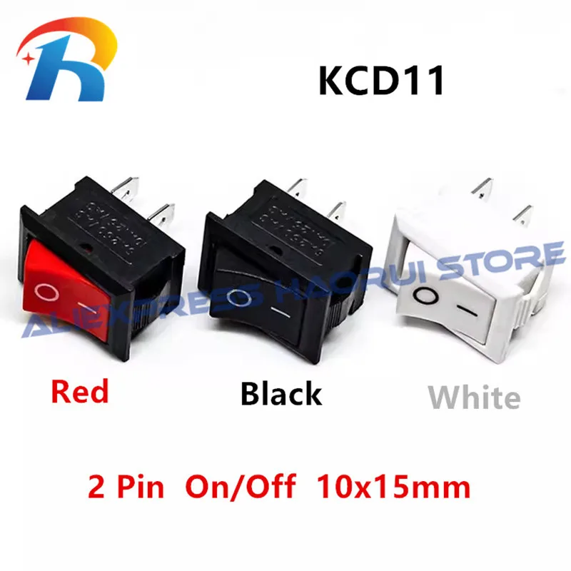 10Pcs/lot KCD11 Black Red White 2Pin 10x15mm Mini Push Button Switch SPST 3A 250V AC Snap-in On/Off Boat Rocker Switch