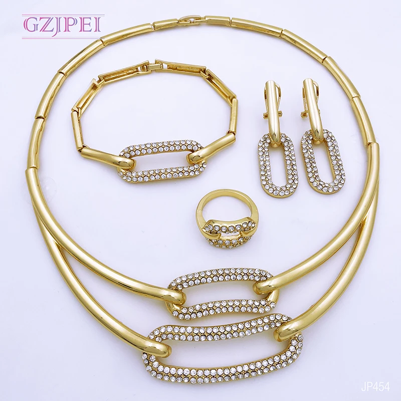 Hot Sale Italy 18K Gold Plated Jewelry Set For Women Simple Fashion Dubai Jewelry Luxury Design Necklace Bracelet Earrings Ring