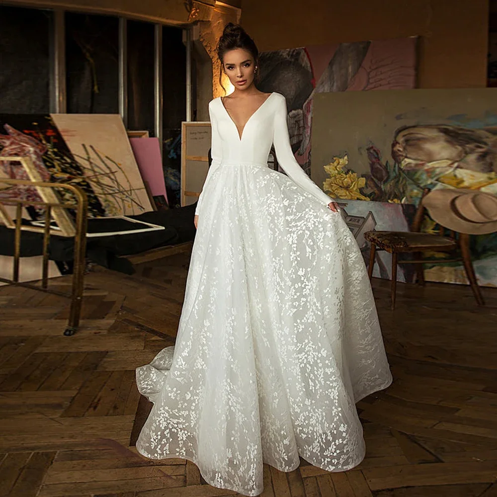 

Flavinke Customized Charming A Line V-neck Satin Wedding Dresses 2025 with Long Sleeve Applique Gown for Women Boho Wedding Gown