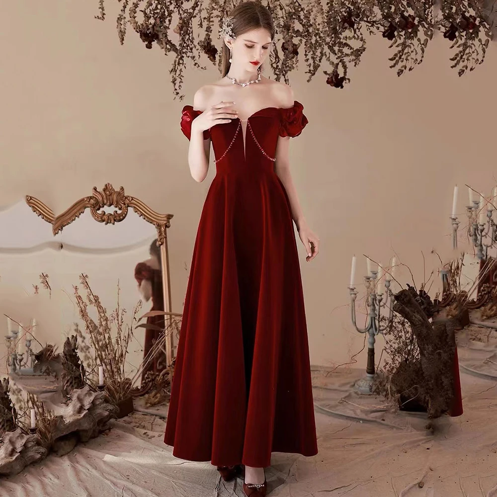 

Vintage Off the Shoulder Evening Dresses Princess Short Sleeve A-Line Ankle Length Velour Open Back Ladies Party Banquet Gowns