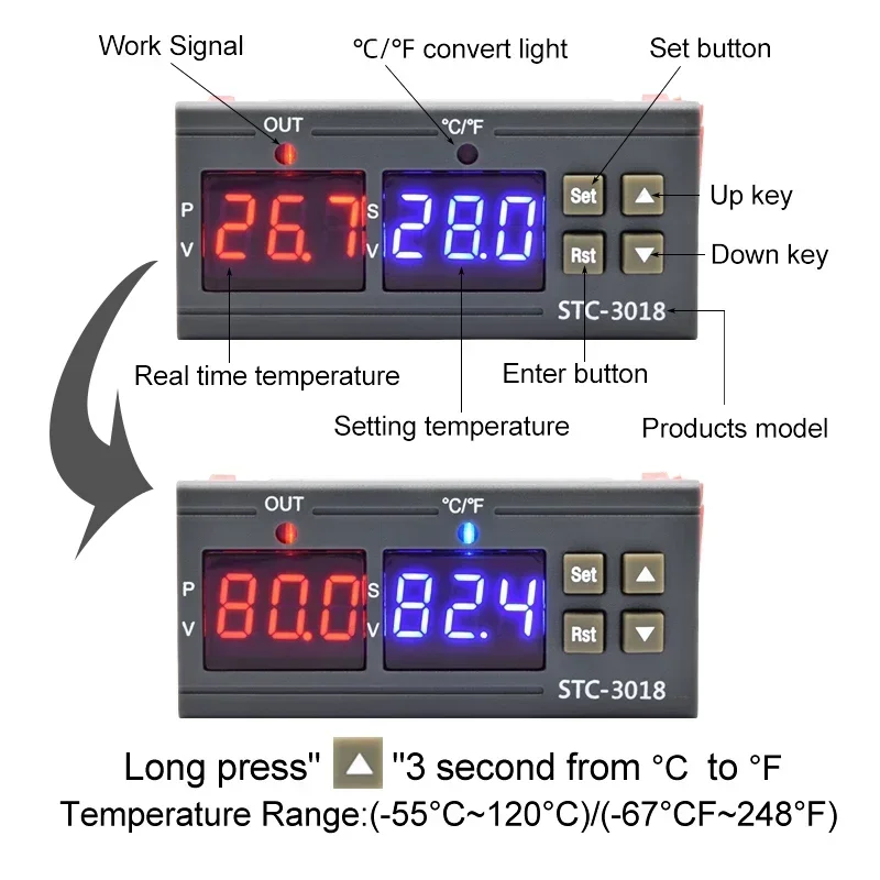 STC-3018 LED Digital Microcompute Temperature Controller Thermoregulator Relay Heater Cooler  \'C/\'F Display Incubator Thermostat