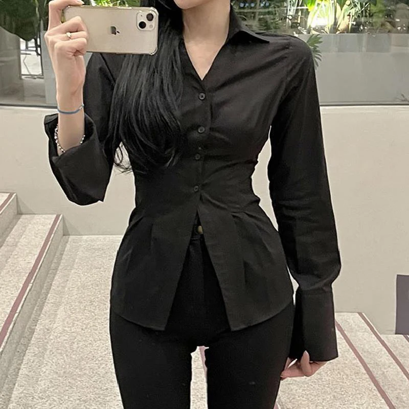 MEXZT Y2K Women Slim Blouses Office Lady Fashion Long Sleeve Folds Chic Shirt Vintage Streetwear Korean Sexy Skinny Casual Tops