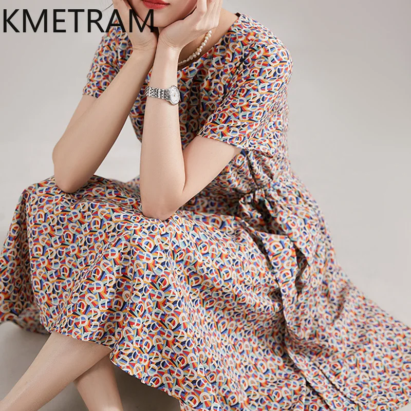 

KMETRAM 70% Cotton 30% Silk Dresses Woman Floral Elegant Dresses for Women Clothes High Quality Lace-up A-Line Women's Dress