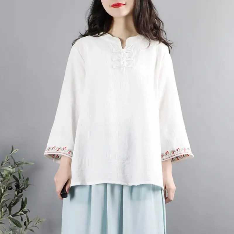 Chinese Style Retro Stand Collar Button Cotton Linen Women\'s Spring Autumn Folk Embroidery Long Sleeve Pullover Loose Shirt Tops