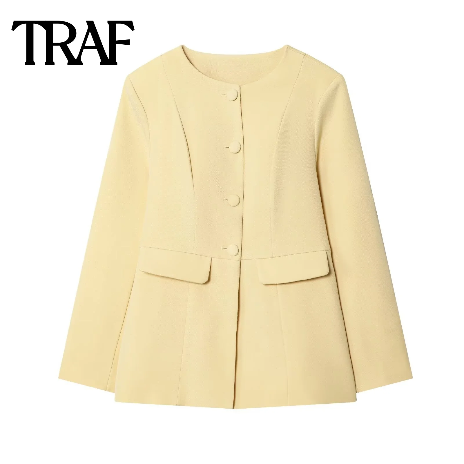 

TRAF autumn new 2025 women's clothing minimalist style single breasted round neck long sleeved flip pocket slim fit suit jacket