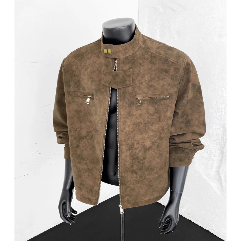 

Куртка мужская из искусственной кожи с эффектом тай-дай, весна 2026, с воротником-стойкой, матовая, свободного кроя, для повседневной носки, в стиле хип-хоп, харадзюку