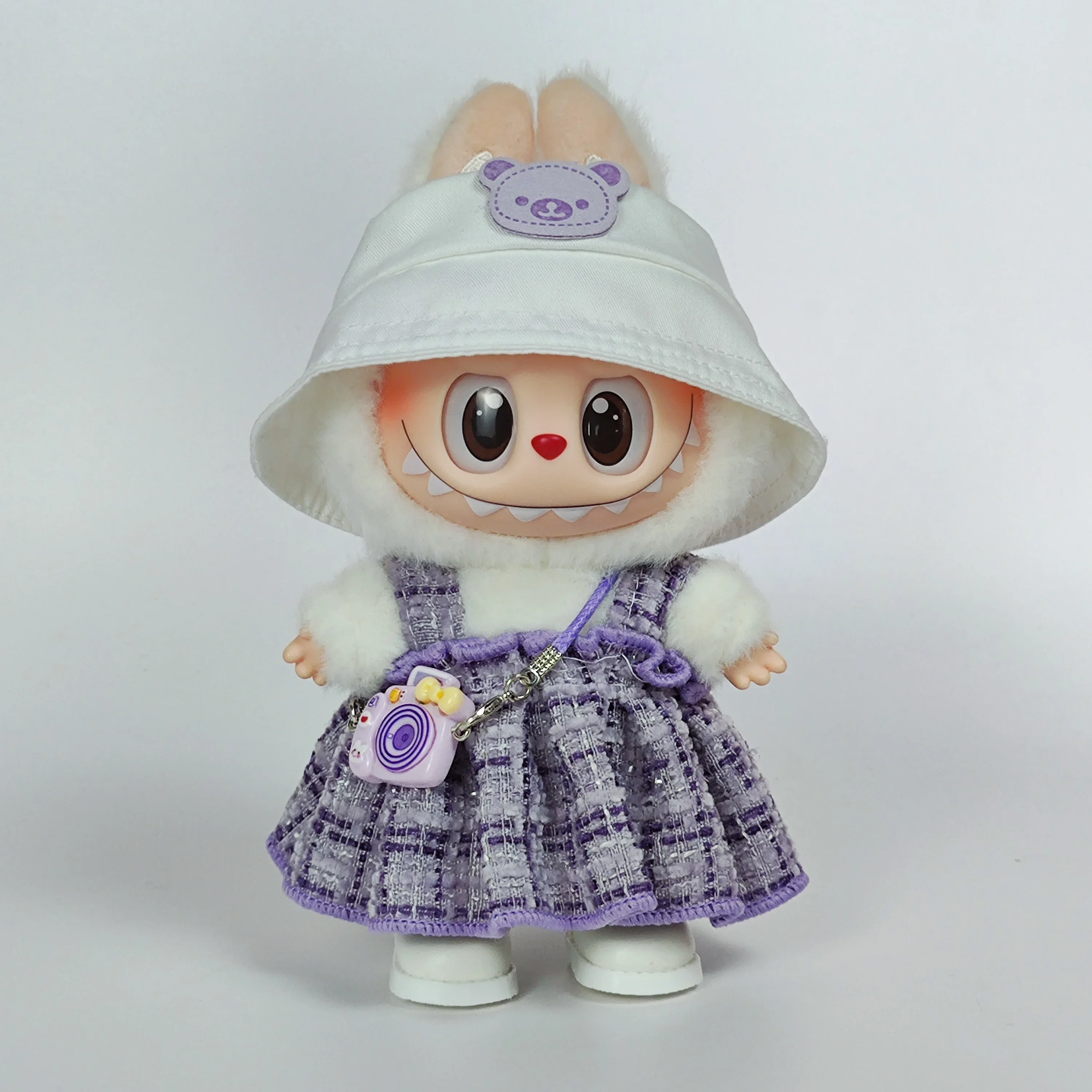 Kleding voor Labubu 1e/2e/3e generatie hangende outfits - paarse geruite overall voor zittende poppen