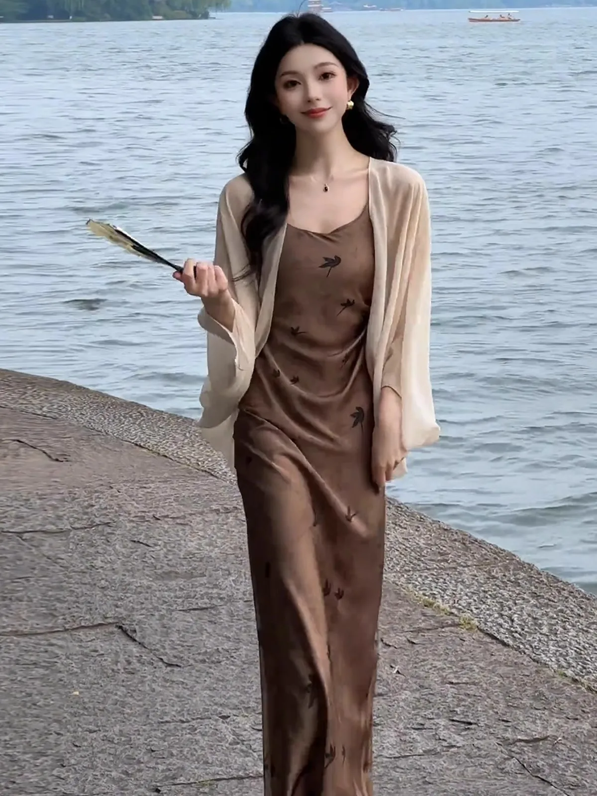 

New Chinese Zen Style Satin Embroidered Strap Dress Slimming Open Cardigan Set Summer Fashionable Women's Ensemble Long Sleeve