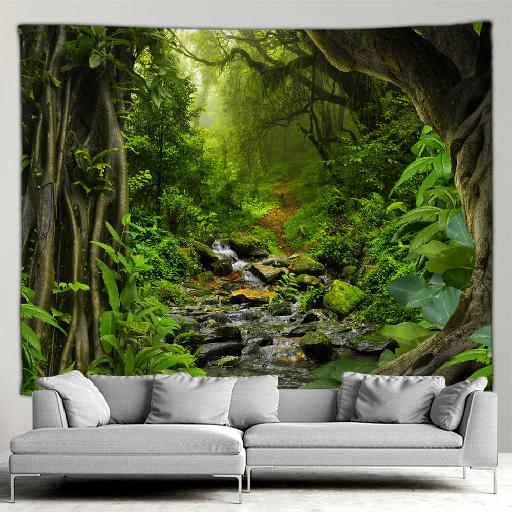 Outdoor Garden Poster Forest Waterfall Landscape Tapestry Tropical Plants Landscape Home Patio Wall Hanging Art Decor Mural