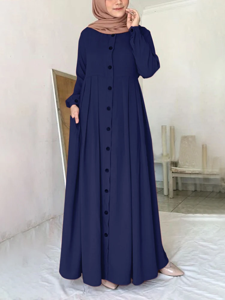 Women Muslim Dubai Abaya Turkey Hijab Dress Turkey Autumn Long Sleeve Buttons Down Sundress Islam Clothing Abayas Maxi Vestidos