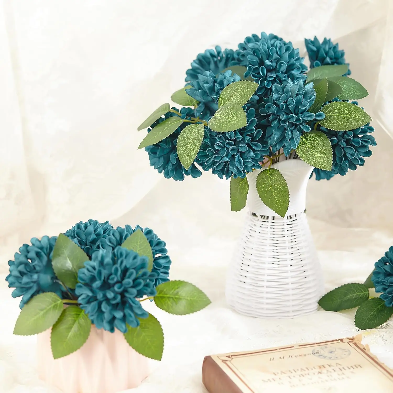 25 قطعة من الورد الاصطناعي باللون الأزرق المخضر الداكن والداليا لتزيين الحفلات وباقات الزفاف وديكور المنزل وحفل المهرجانات