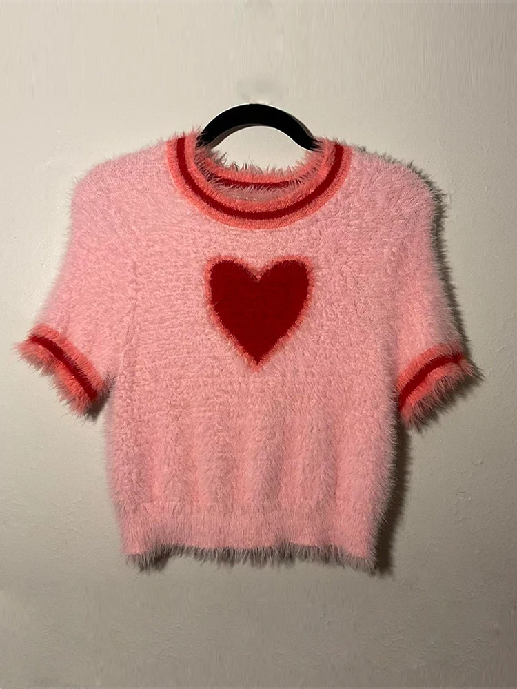 

Women Plush Crop Top Cute Short Sleeve Crewneck Heart/Cherry/Star Print Short T-shirt Soft Slim Fit Baby Tee Y2K 2000s Aesthetic