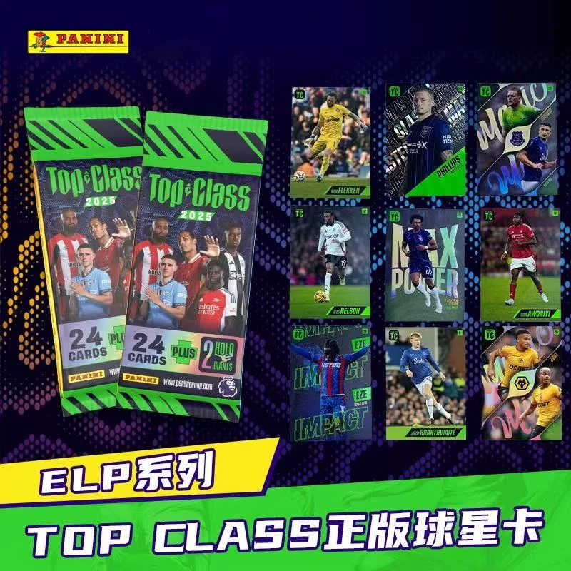 مجموعة بطاقات التداول من الدرجة الأولى من Panini Premier League PLUS لعام 2025، كل ظرف يحتوي على 24 بطاقة تسعى التوقيع