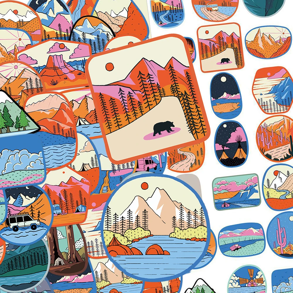 

10/30/50pcs Outdoor Camping Cartoon Landscape Stickers Funny Creative Graffiti Decals Laptop Guitar Phone Bike Sticker Wholesale
