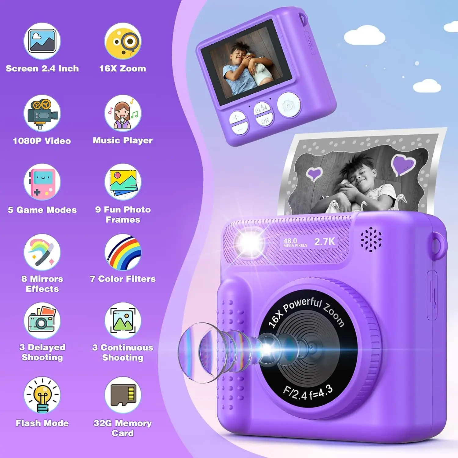 VATOS Instant Print Camera 2.4 "1080P HD Video Digitale Camera voor Kinderen Meisjes met Fotolijst Print papier Kerst Verjaardagscadeau