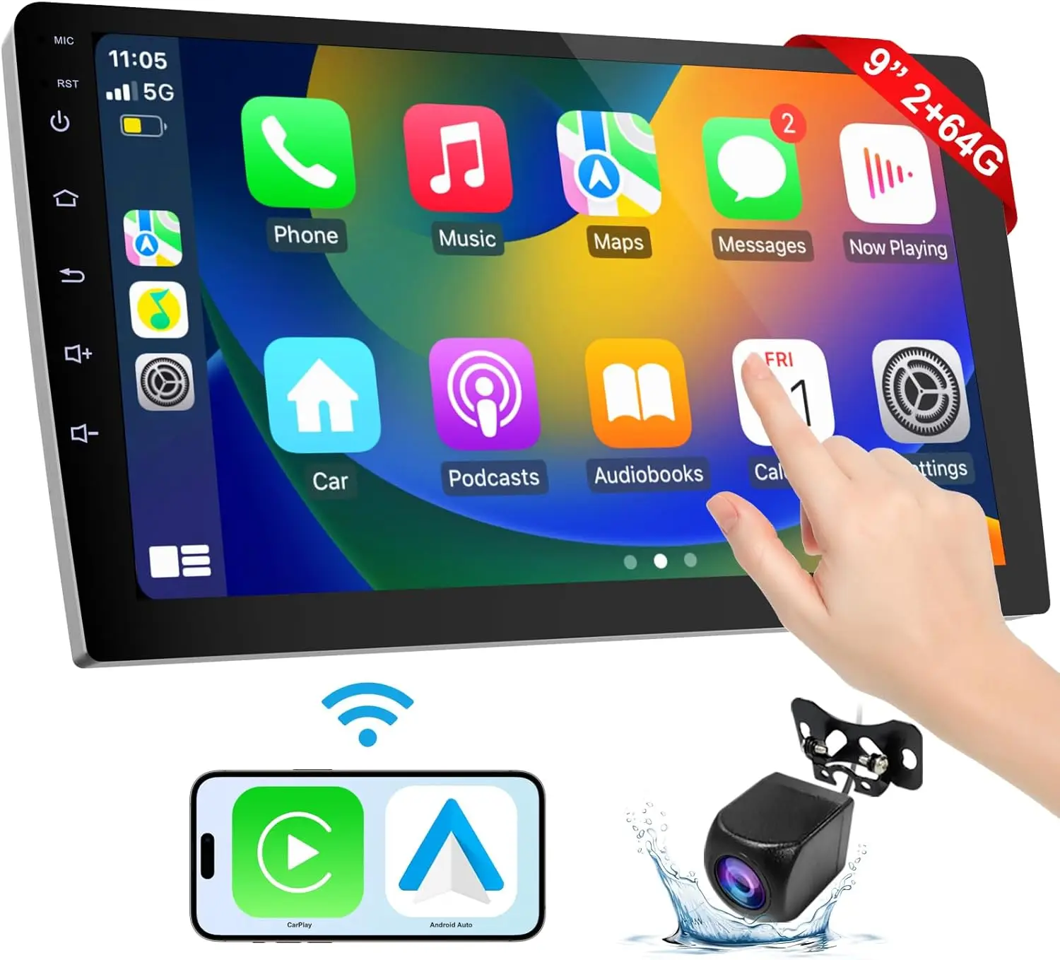 Estéreo de carro sem fio CarPlay e Android Auto de 9 polegadas com câmera de backup, navegação GPS, DIN duplo, ZLink