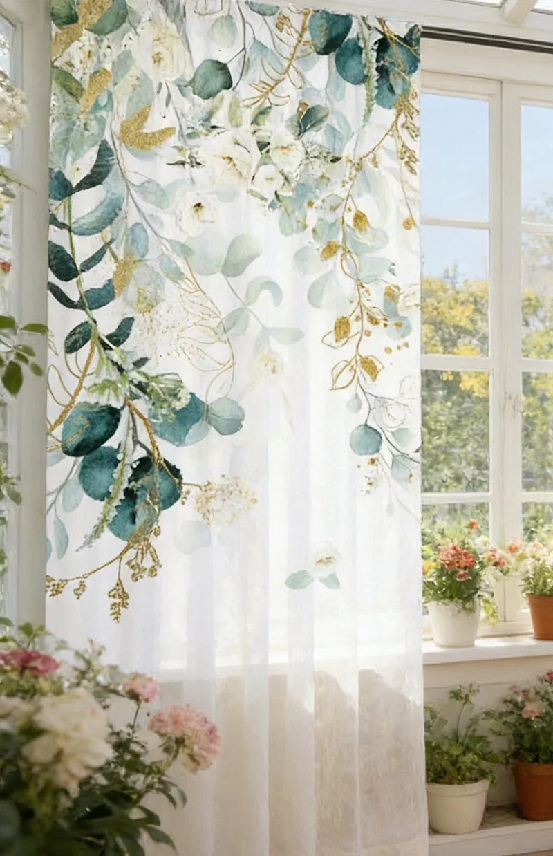 2PCS Digital Printed Curtains, Golden Eucalyptus Leaf Luxury Botanical, Modern Home Decor Style for Living Room Bedroom Decor