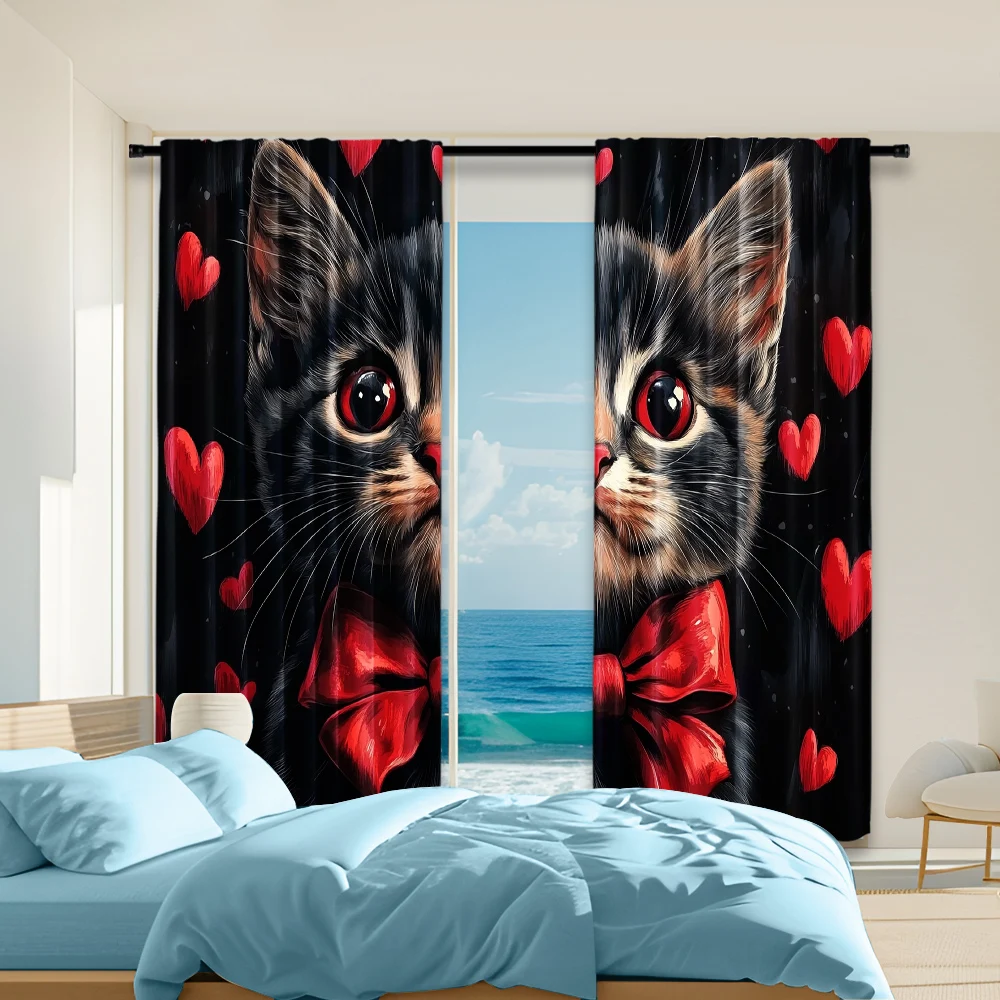 2 pcs, versatile polyester transparent curtains for home decoration Love cat for use in bedrooms and living rooms