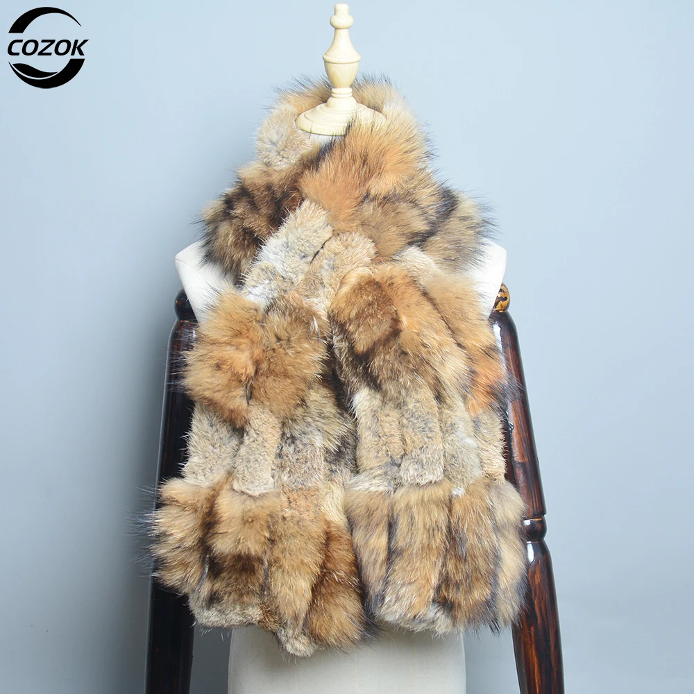 

New Winter Knitted Rex Rabbit Fur Scarf With Silver Fox Fur Women Fashion Warm Thick Female Winter Fur Scarves Neck Warmer Femme