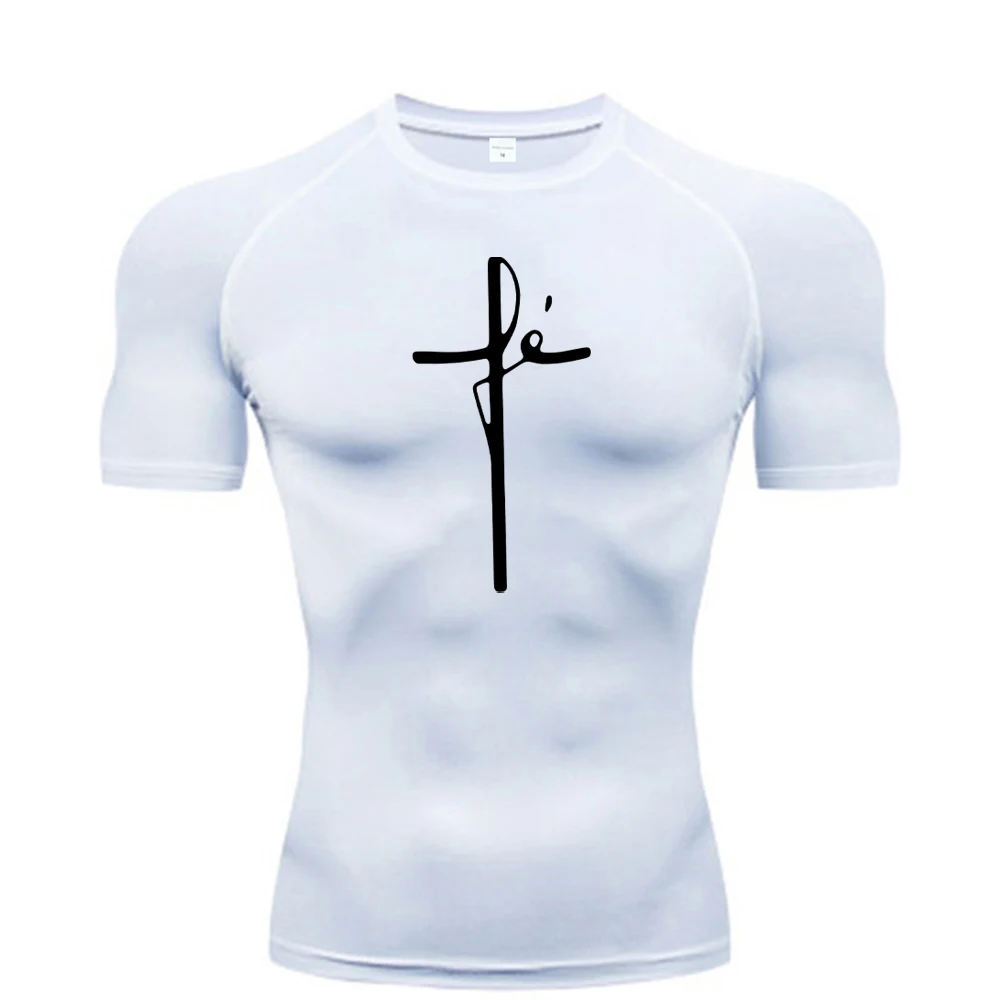Cross Print Compression Shirt for Men Christian Athletic Tshirt Tees Tops Gym Workout Running Baselayers Undershirts Rash Guard