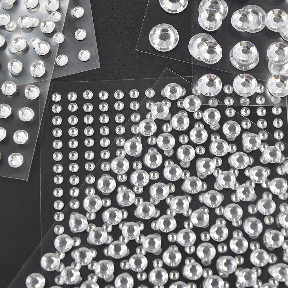 Hisenlee 3-10MM White Color Round Shape Rhinestone Stickers Flatback Self-adhesion Strass Sticker For Nail Scrapbook Embellish