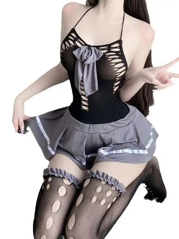 女性甘いファッション JK ミニドレス透明中空セクシーなメッシュドレスエレガントな学生制服スプライシングメッシュ服 KQ96