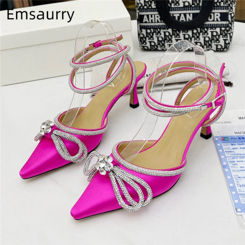 Luxury Satin Pointed Toe Sandals For Girls Women Sexy Kitten Heel Jeweled Crystal Butterfly-Knot Ankle Wrap Party Shoes Summer