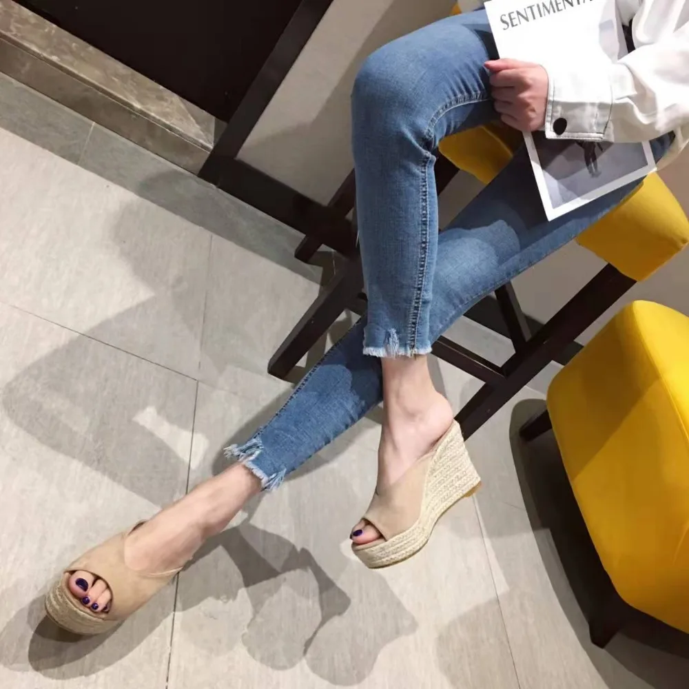 Suede Women Wedge Slipper Rope Outsole Espadrilles Sandals Peep Toe Ankle Strap Platform Casual Slip on Mule Shoes