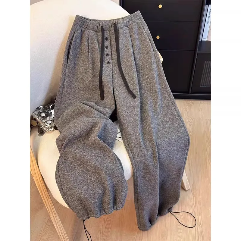 

Men's Autumn Winter Thiened Fce Wide Leg Pants Dstring Loose Fit Casual Trousers Ci Walk Polyester Fiber Non-Sink