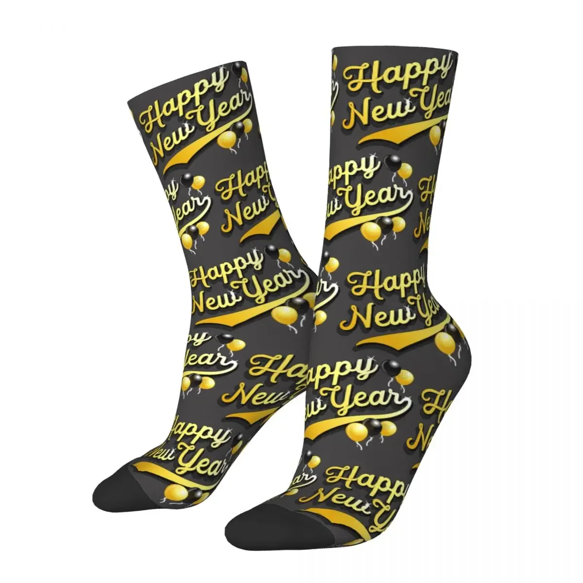 Happy New Year! With Black And Gold Balloons Socks Harajuku Sweat Absorbing Stockings All Season Long Socks Accessories