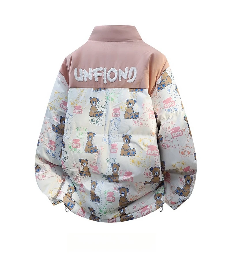 Winter New Pink Green Stand Collar Cartoon Bear Print Cotton Jacket Men's Loose Comfortable Versatile Casual Black Cotton Coat
