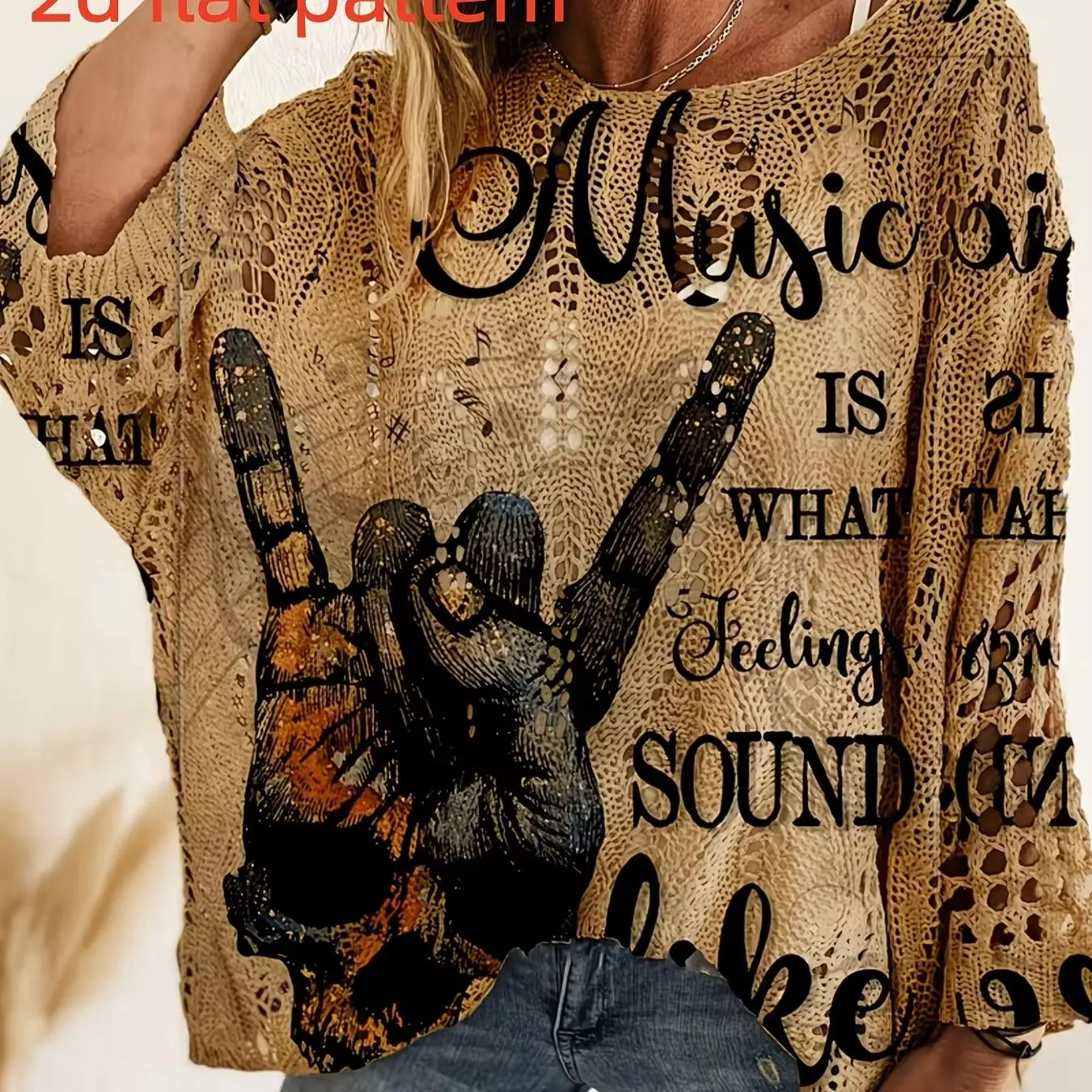 

2D Flat Pattern Spring and Summer Fashion New Pullover Three-Quarter Sleeve Hollow-Out Women's Top with Digital Print Trendy Women's Clothing