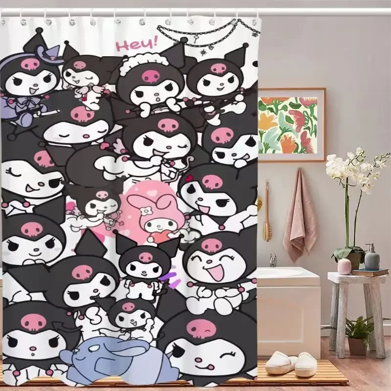 Anime Kawaii Sanrios Kuromi Cartoon Shower Curtains Waterproof Polyester Bathroom Curtain with Hooks Gift