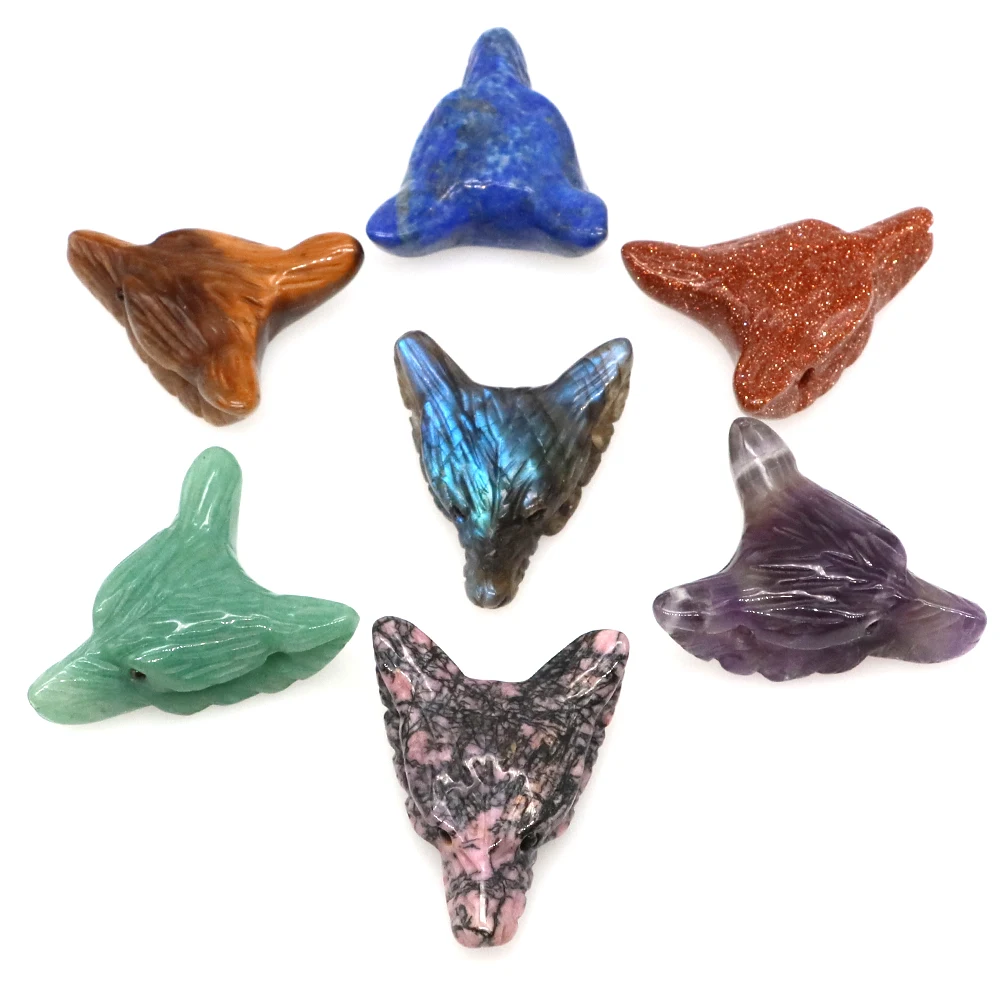 Wolf Head Pendant Natural Crystal Healing Stones Reiki Gems Hand Carved Animals Shape Necklace Fashion Cool Charms Jewelry Gifts