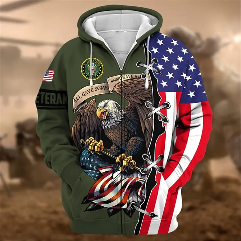 

Spring Fall High Quality Hoodies Men Long Sleeve Zipper Sweatshirts Eagle USA Flag Print 3D Hooded Shirt Casual Clothing Tops