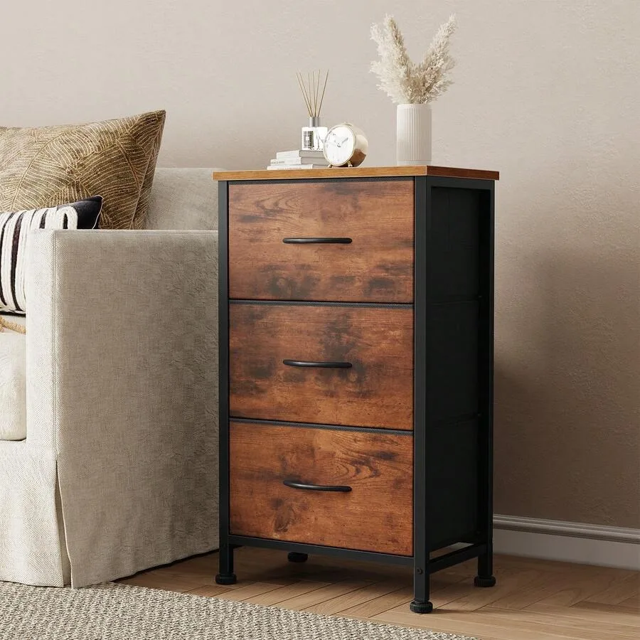 Sweetcrispy 3 Drawer Dresser For Bedroom, Small Night Stand Chest Of Drawers Bedside Table With Metal Frame, Removable Fabric B