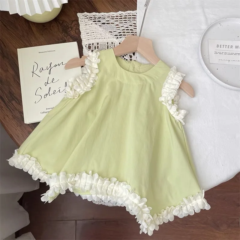 

Girls Summer Western Style Set 2025 New Style Girl Baby Irregular Lace Top Children Wide Leg Pants Trendy Children Clothing