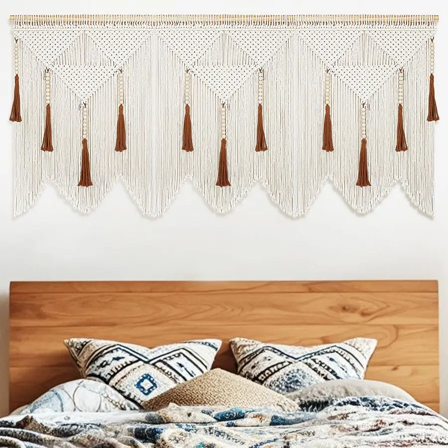 

Большое настенное панно из макраме, плетеный гобелен в стиле бохо с деревянными бусинами и кисточками, минималистичный декор над кроватью для спальни, богемный арт-деко