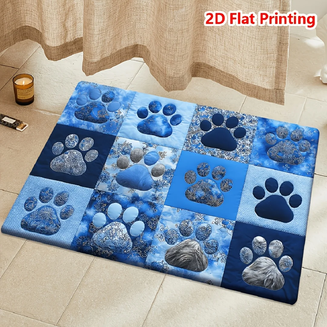 Blue Patchwork Paw Print Entrance Doormat Multi Style Pet Paw Grid Graphic Rug, Cute Animal Themed Decor Mat for Indoor Spaces