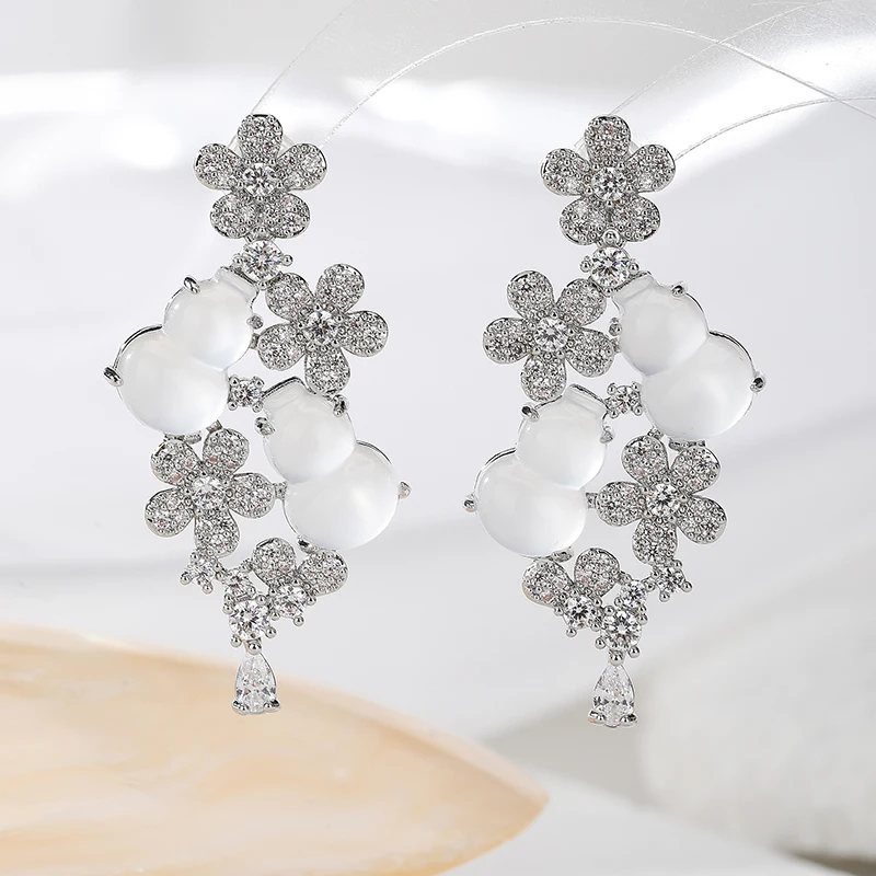 

Fashion Zircon Flower Opal Gourd Design Women Dangle Earrings High Quality Nigeria Israel Beauty Jewelry Wedding Brides Earrings