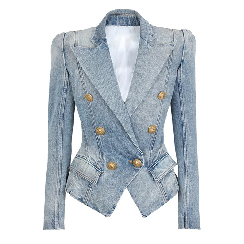 

Spring 2023 Slim Fit Double Breasted Lion Button Denim Jacket Coat Star Style Pure Color Long Sleeve Suit Jacket Women's Fashion